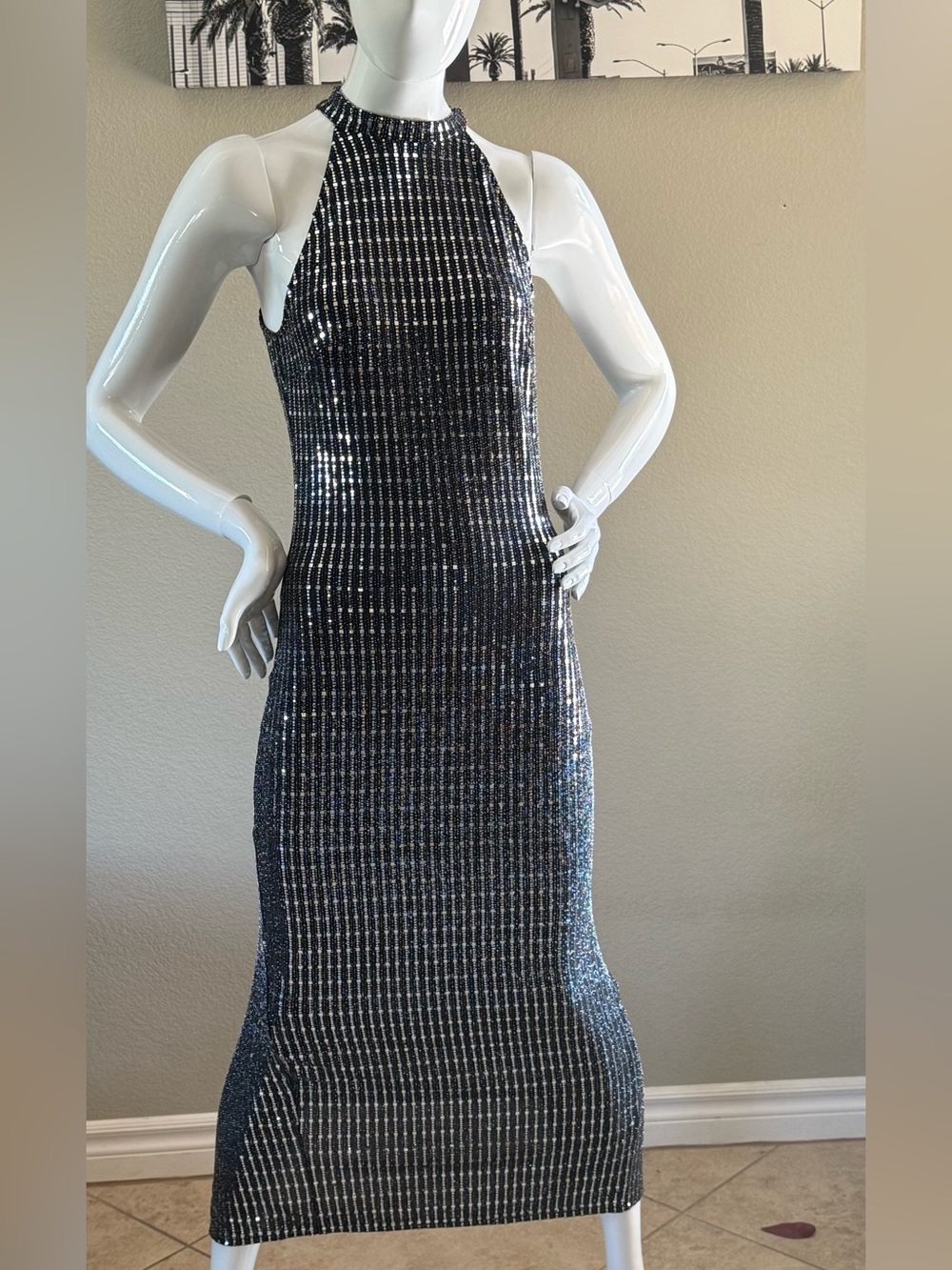Vintage Disco silver Sequin Halter Evening Dress in Black 4